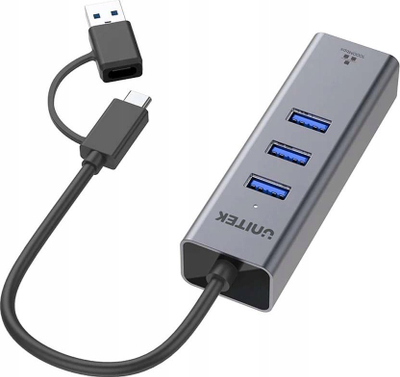 Hub USB C Unitek 4 në 1, 3 porta USB A 5 Gbps, Ethernet, gri