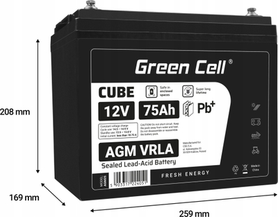 Bateri AGM Greencell 12V 75Ah VRLA, pa mir'mbajtje, gri