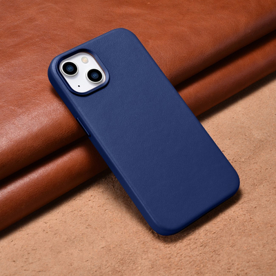 Këllëf lëkure iCarer Case Leather për iPhone 14, lëkurë natyrale, MagSafe, blu