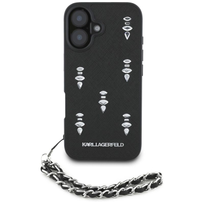 Футрола за телефон Karl Lagerfeld Saffiano Crystals, за iPhone 16 6.1", со ремен, црна