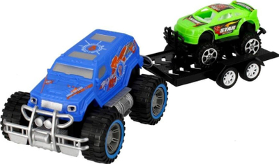 Set lodrash MEGA CREATIVE 498670, xhip terreni me rimorkio, makinë sportive, blu dhe jeshile
