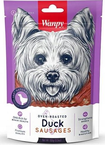 Shujta sallamë për qen Wanpy Duck Sausages, të pjekme në furrë, 100g, lejla
