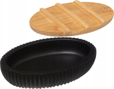 Pjatë sapuni ovale, polyresin dhe bambu, 12.5x9x2.5cm, e zezë