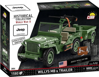 Set ndërtimi COBI Willys MB me rimorkio Executive Edition 2804, 1:12, 1580 copa, jeshile ushtarake