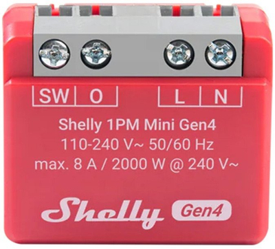 Rele e zgjuar Shelly 1PM Mini Gen4, 1 kanal 8A, WiFi Bluetooth Zigbee, e kuqe