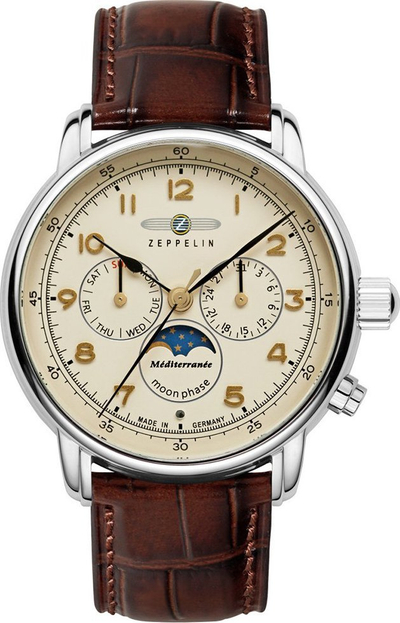 Orë burrash Zeppelin Mediterranean Moon Phase 96365, quartz, rrip lëkurë, kornizë argjendi, panel bezhë