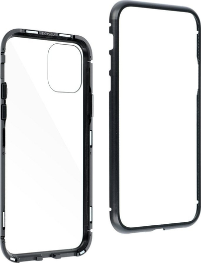 Maskë magnetike për telefon iPhone 11 Pro Max, xham i temperu, kornizë alumini, e zezë