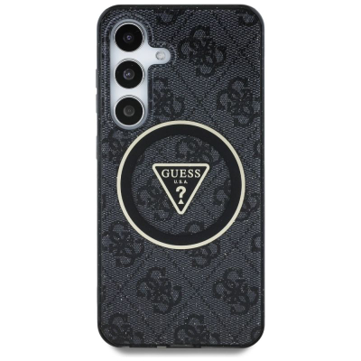 Kapak telefoni Guess IML 4G Glitter Triangle Logo MagSafe për Samsung Galaxy S25+, i zi