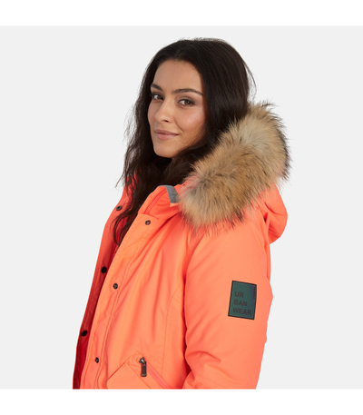 Parka për gra Huppa Vivian, 200g, me kapuç me lesh natyral, ngjyrë koral neon