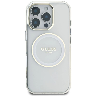 Футрола Guess IML Metal Colored Circle MagSafe за iPhone 16 Pro, TPU и поликарбонат, проѕирна бела
