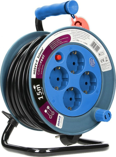 Zgjatës kabllor Orno MINI Reel, 4 presa, 15m, blu