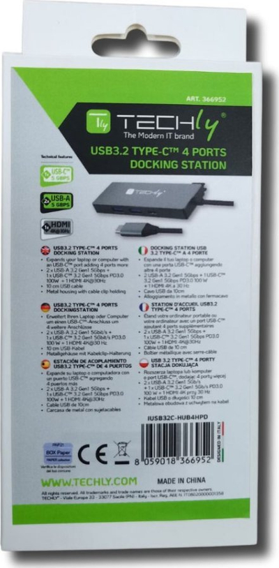 Dock USB për laptop Techly IUSB32C-HUB4HPD, USB 3.2 Gen 2, HDMI 4K, PD 100W, gri metalik