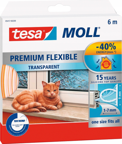 Shirit silikoni për izolim Tesa Tesamoll Premium Flexible, vetëngjitës, 6 m, transparent