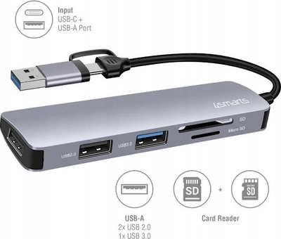 Hub USB 4smarts 5 në 1, 3x USB-A, lexues SD microSD, gri
