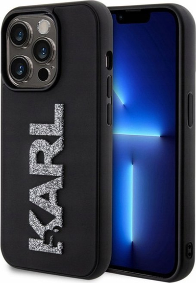 Kapak telefoni Karl Lagerfeld 3D Rubber Glitter Logo, për iPhone 15 Pro Max 6.7", i zi