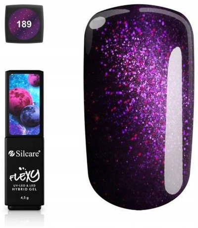 Llak thonjësh Silcare Flexy Hybrid Gel 189, 4g, efekt glitter, vjollcë e errët