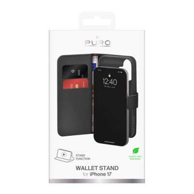 Këllëf libror Puro PUIPC1763BOOKC8BLK për iPhone 17, me xhepa kartash, i zi
