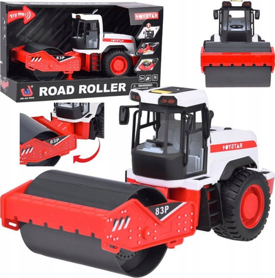 Lodër kompaktor rruge ToyStar Road Roller, me drita dhe zëra, mekanizëm shtyje‑dhe‑shko, e bardhë me të kuqe