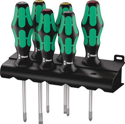 Set kaçavidash Wera Kraftform Plus 335/350/355/6, 6 copë, me mbajtëse muri, jeshile e zezë