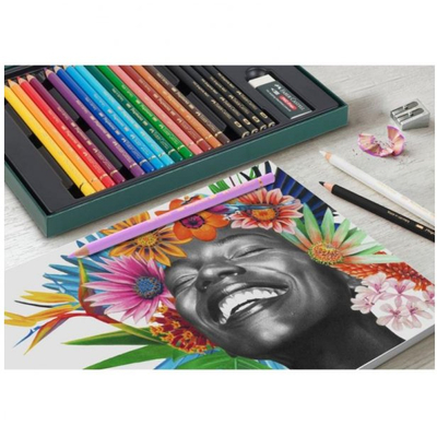 Set lapsa Faber-Castell Polychromos dhe Pitt Graphite Matt, 50 cope, me mprehës dhe gomë
