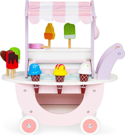 Karrocë lodër druri ECOTOYS Wooden Ice Cream Shop Cart, edukative, për kalamaj 3+, shumëngjyrëshe