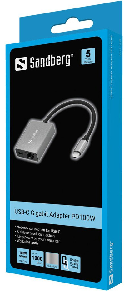 Адаптер за мрежа Sandberg USB C Gigabit PD100W, 1x RJ45, полнење 100W, сива
