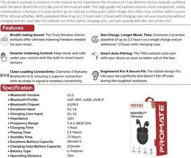 Kufje TWS Promate Charisma 2, Bluetooth 5.0, gjer në 12 orë, të zeza