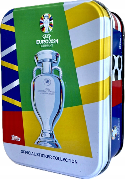 Set abetare Topps UEFA Euro 2024 Sticker Tin, kuti metalike, dizajn me shumë ngjyra