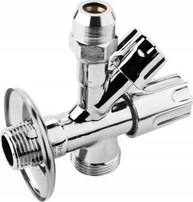 Valvul këndore e kombinuar KFA 273-010-00, 1/2" x 3/8" x 3/4", bronz kromuar, me dorezë trekëndore