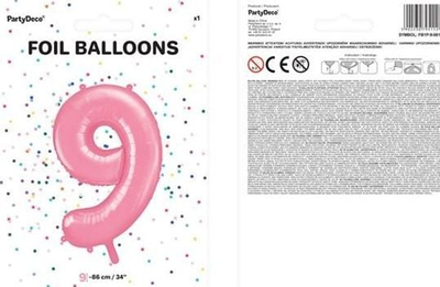 Balon folje PartyDeco Numri 9, XXL 86cm, rozë