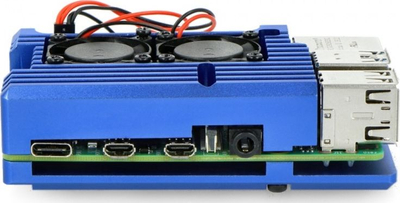 Kuti alumini JustPi për Raspberry Pi 4B, me 2 ventilatorë, blu