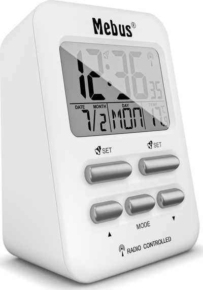 Orë digjitale me alarm Mebus 25800, ekran blu, matje temperature, e bardhë