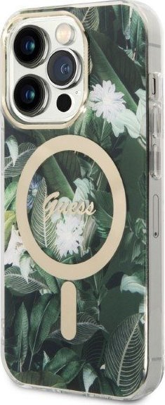 Set aksesorësh Guess Jungle GUBPP14LHJEACSA për iPhone 14 Pro, mbrojtëse e gjelbër MagSafe, karikues wireless gold