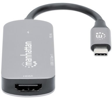 Adapter USB C Manhattan 3 në 1, HDMI 4K, USB A dhe USB C Power Delivery 100W, gri