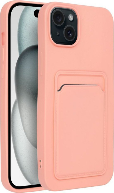 Mbulesë silikoni Forcell Card Case për iPhone 15 Plus, me xhep për kartë, rozë