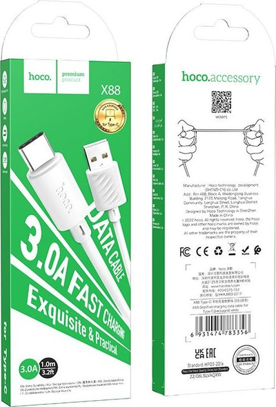 Kabllo USB Hoco X88, USB A me USB C, 1 m, 3A, e bardhë
