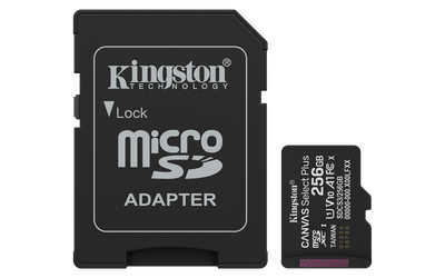 Kartë memorike Kingston Canvas Select Plus Gen3, 256GB, MicroSDXC A1 150MB/s, me adapter