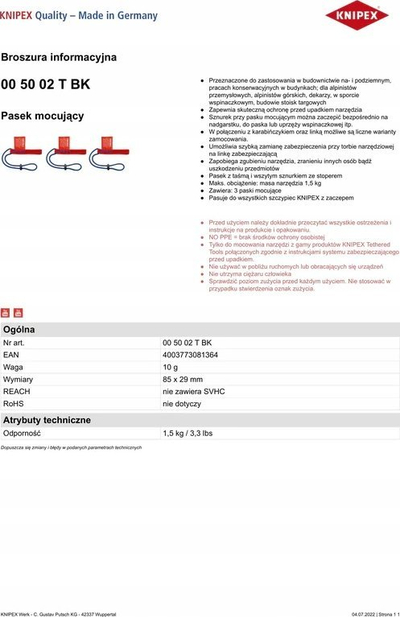 Ремен адаптер за алат Knipex 00 50 02 T BK, 270 mm, сет 3 парчиња, црн