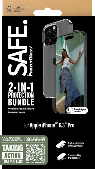 Set mbrojtës PanzerGlass SAFE 2 in 1 për iPhone 16 Pro, xham Ultra Wide Fit, maskë TPU e tejdukshme