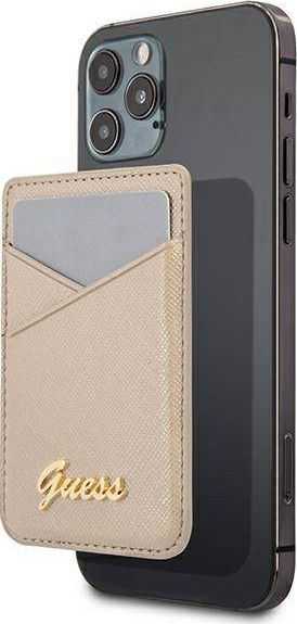 Portofol telefoni Guess Wallet Card Pocket GUWMSSASLGO, MagSafe, koleksioni Saffiano, ngjyrë ari