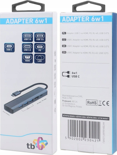 Adapter HUB USB C TB 6n1, HDMI 4K, RJ45, 3x USB, grafit
