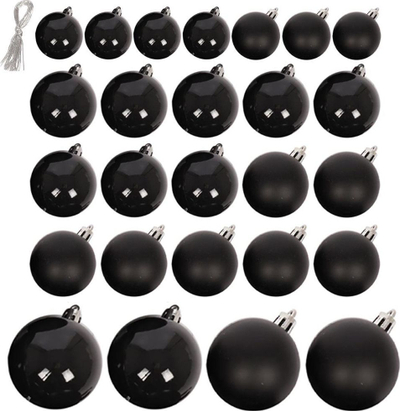 Сет топчиња за новогодишна елка Christmas Baubles, 26 парчиња, неизкршлива пластика 6-10 cm, црни