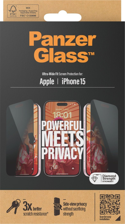 Xham mbrojtës PanzerGlass Privacy për iPhone 15, Ultra Wide Fit, privaci anësore, i zi