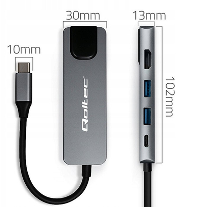 USB хаб Qoltec USB C Hub 5in1, HDMI 4K, RJ45, сребрена боја