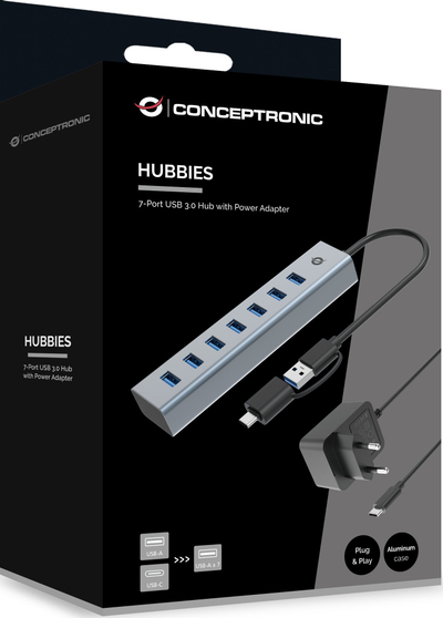 Hub USB Conceptronic HUBBIES21GP, 7 porta, USB 3.0 5Gbps, me adapter energjie, i zi