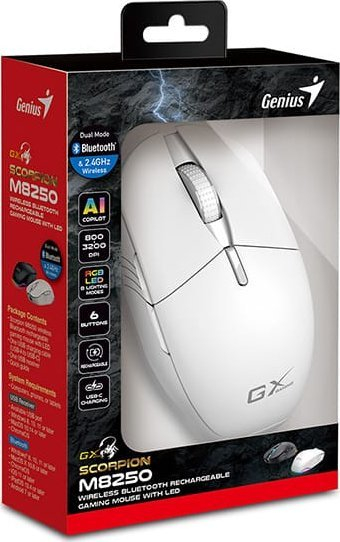 Maush wireless Genius GX Gaming Scorpion M8250 AI, 3200 DPI, RGB, i bardhë