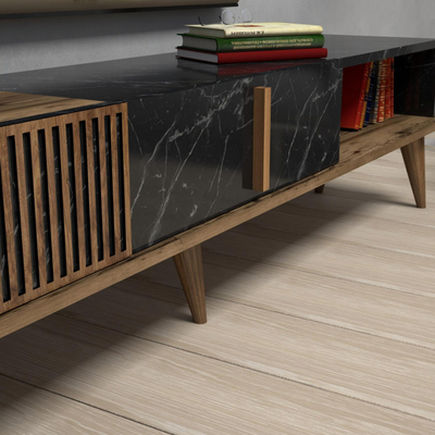 Komodë TV Kalune Design Milan, stil industrial, hapësirë me rafte, dru i natyral dhe i zi