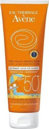Qumësht dielli për fëmijë Avène SPF 50+, 100ml, shumë rezistent ndaj ujit, portokalli