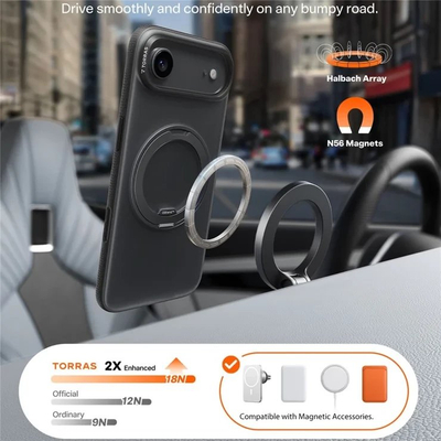 Mbulesë telefoni Torras Ostand R Fitness Series për iPhone 17 Pro, TPU dhe polikarbonat, me unazë fleksibile, e zezë
