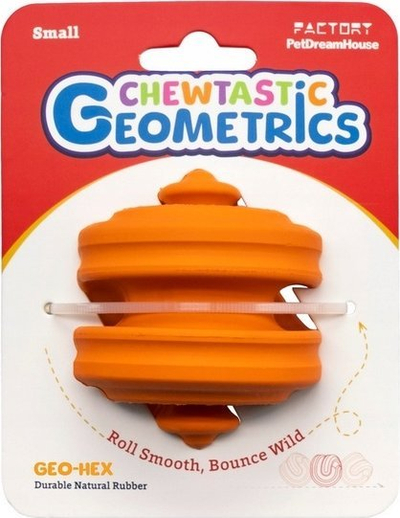 Lodër për qen PetDreamHouse Chewtastic Geo Hex, gome natyrale, për lojë pasuruese, portokalli
